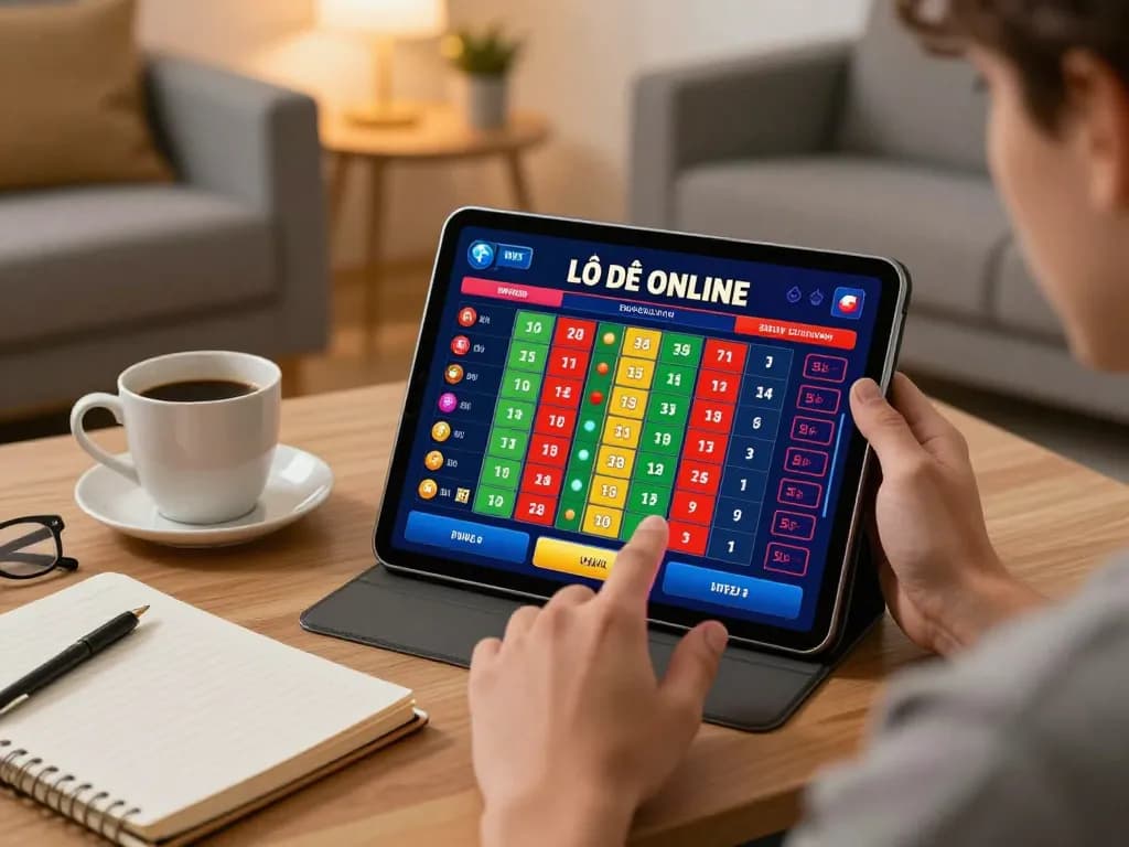 Lô Đề Online gameplay on a tablet in a cozy home setting, focusing on strategic betting practices.