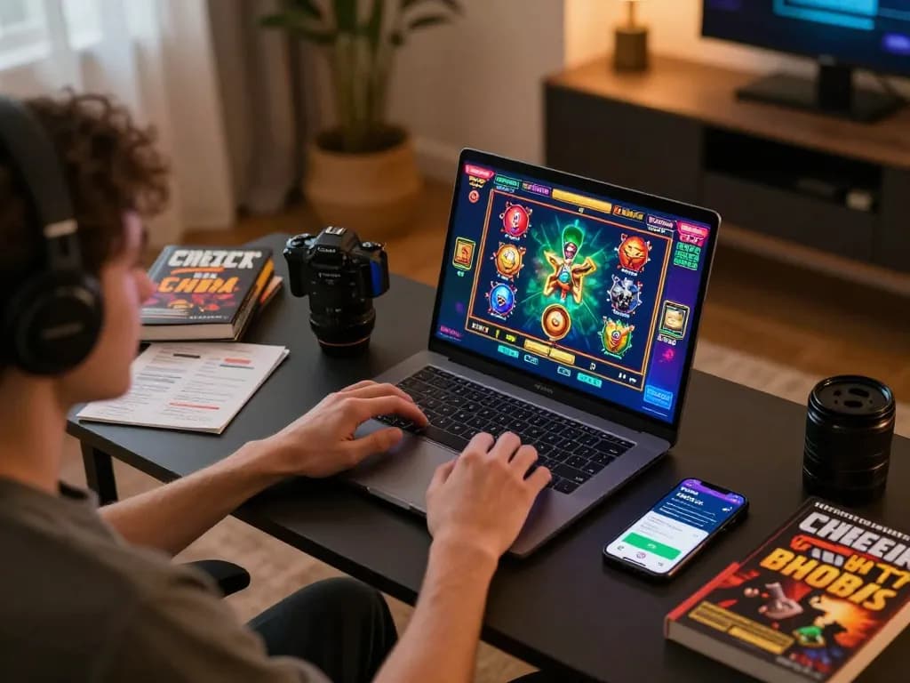 Engaging in online slot games on laptop, showcasing 789WIN gaming strategies.