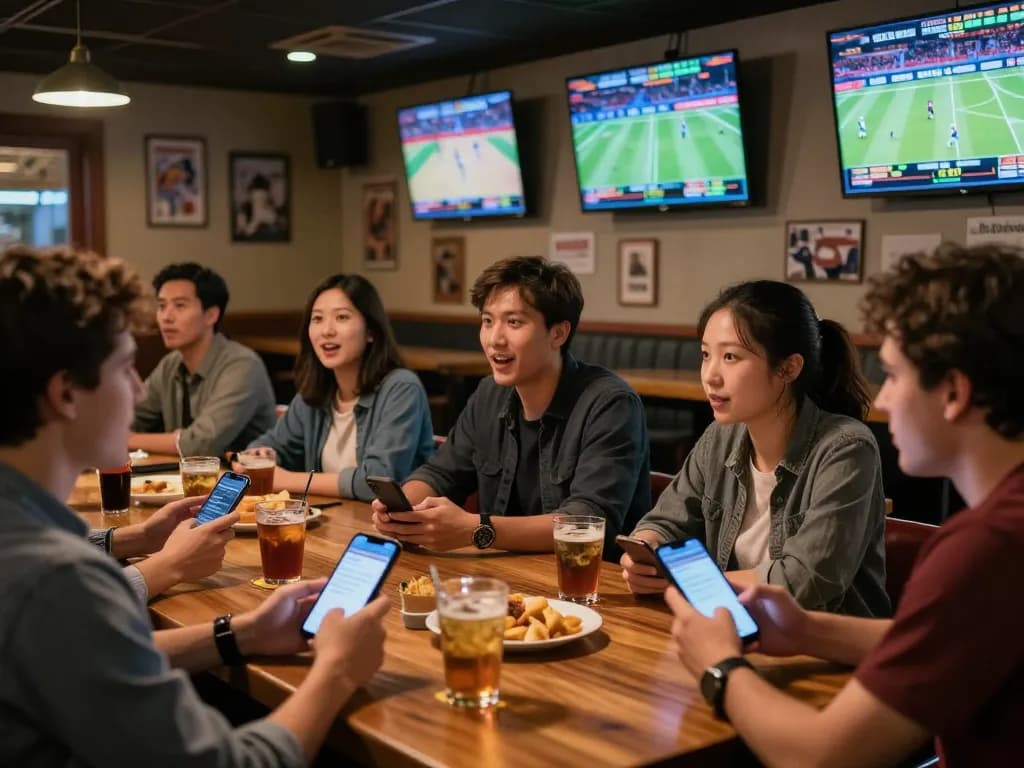 Sports bettors analyzing tỷ lệ nhà cái on mobile apps while watching live games in a lively sports bar.