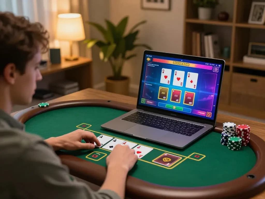 Player engaged in an online blackjack game at uu88 com in a cozy home setting