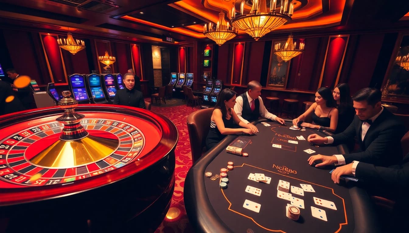 Exciting gameplay at nk88 com, showcasing a luxurious casino atmosphere with roulette and poker tables.
