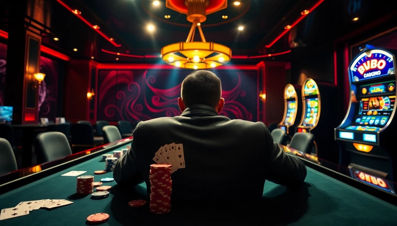 A dynamic gambling scene at JBO featuring vibrant casino tables with poker chips and cards.