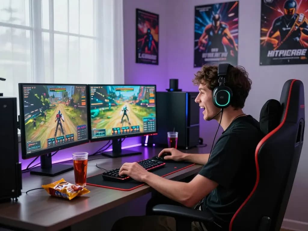 Excited player at gem88 online gaming setup, showcasing vibrant graphics and immersive atmosphere.