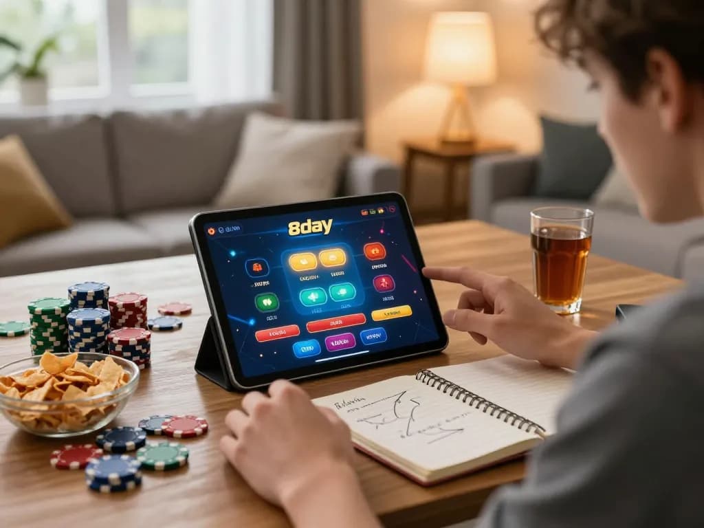 Gamer engaged in 8day casino app on a tablet in cozy home environment, focused on strategy and excitement.