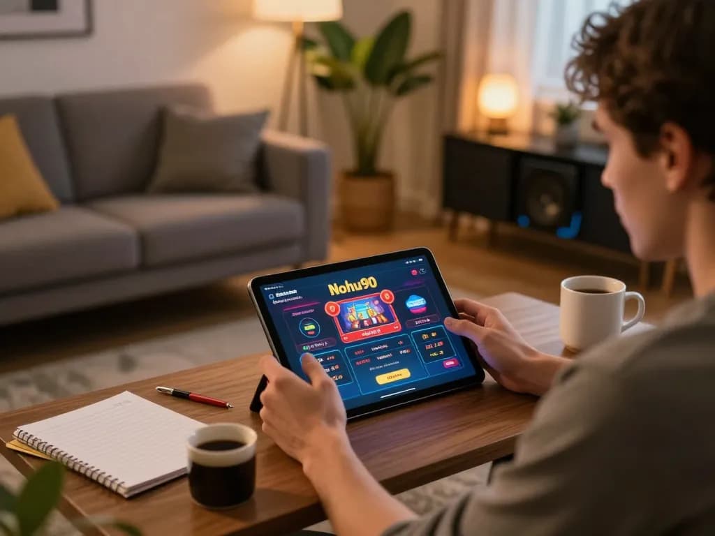 Nohu90 player immersing in online gaming experience at home with tablet and notes.