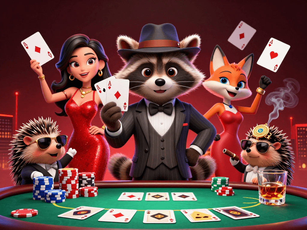 Experience thrilling poker action at hitclub with a suave raccoon, elegant fox, and hedgehog bouncer.