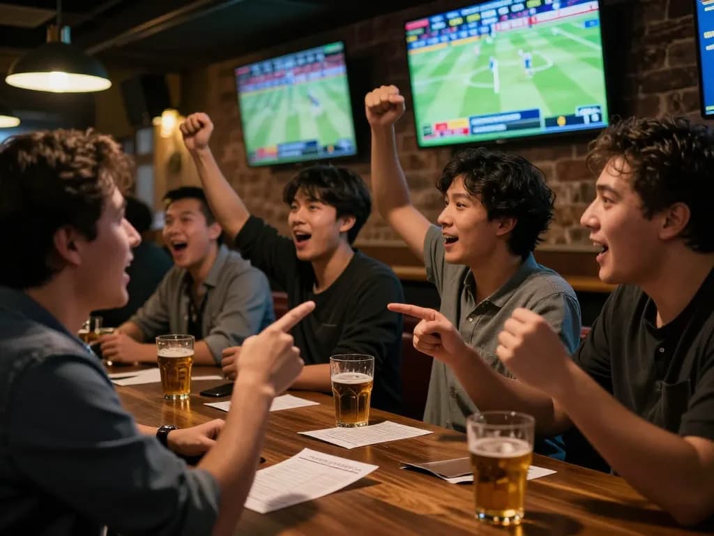 Watch patrons placing bets at a sports bar with keonhacai updates visible on screen.
