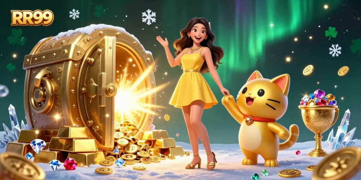 RR99 bringing luck with a joyful Asian woman interacting with a golden cat amidst treasures and sparkles.