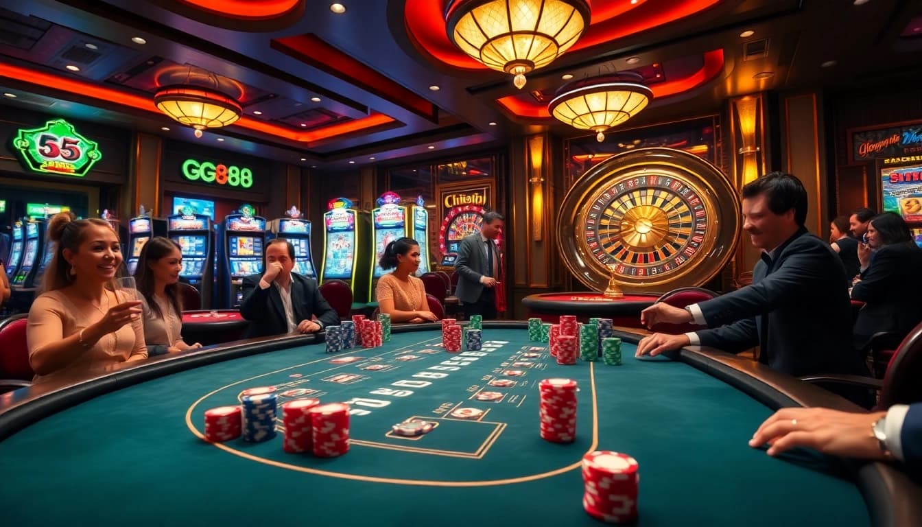Win big at GG888.info with an exciting casino scene featuring poker and slot games.