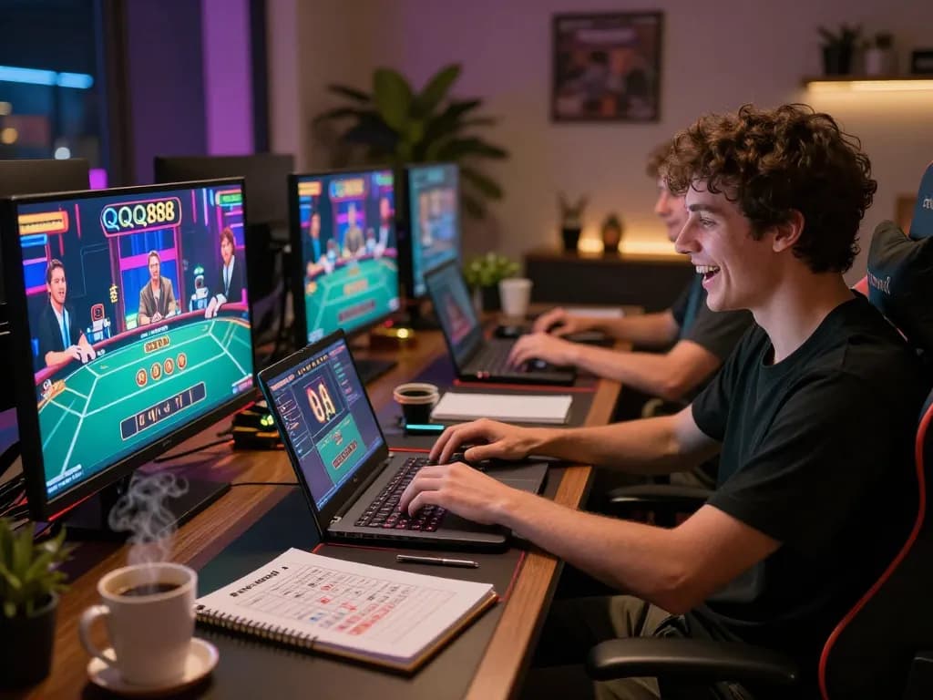 Engaging with QQ88 live dealer games in a cozy online gaming setup, showing strategies in action.
