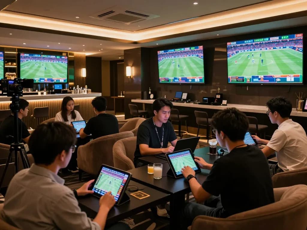 Kèo nhà cái 5 action in a high-end sports betting lounge with enthusiastic bettors analyzing odds