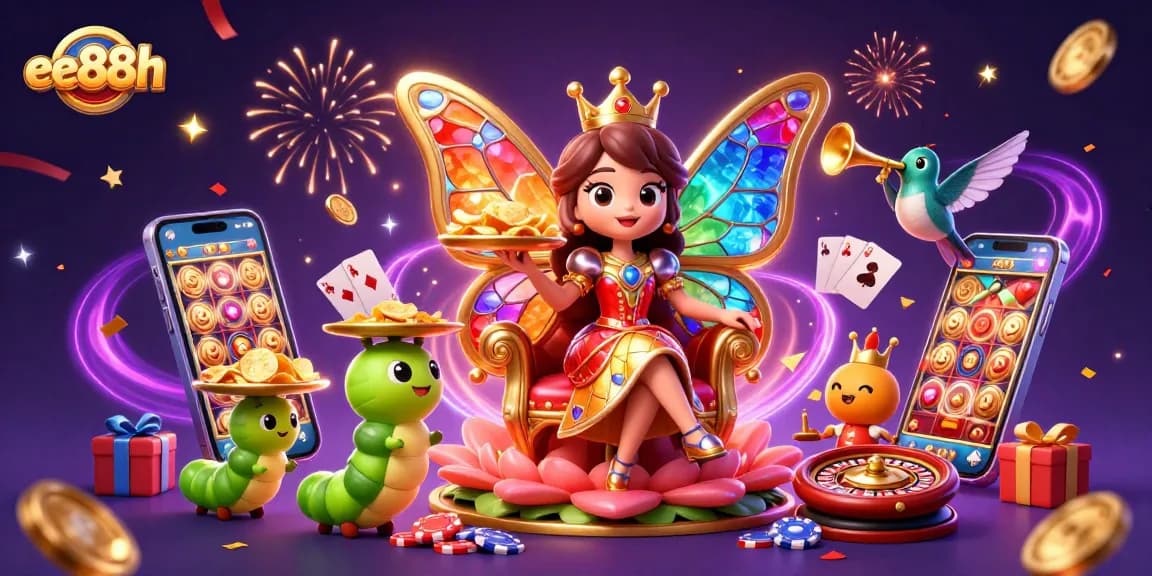 Play dynamic games on ee88h with the butterfly queen amidst vibrant casino elements.