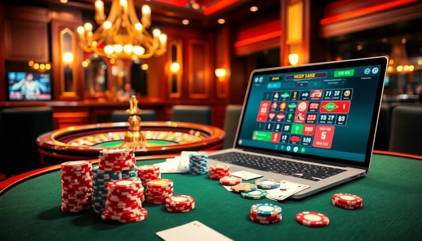 Experience thrilling casino action at https://mm88.bar/ with poker chips and a roulette wheel set in a luxurious gaming environment.