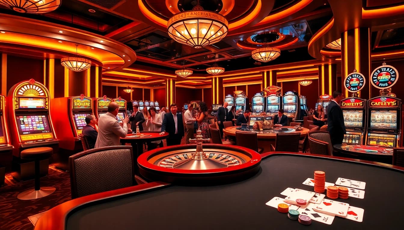 Players enjoying the ALo789 casino experience at a vibrant roulette table with glowing slot machines.