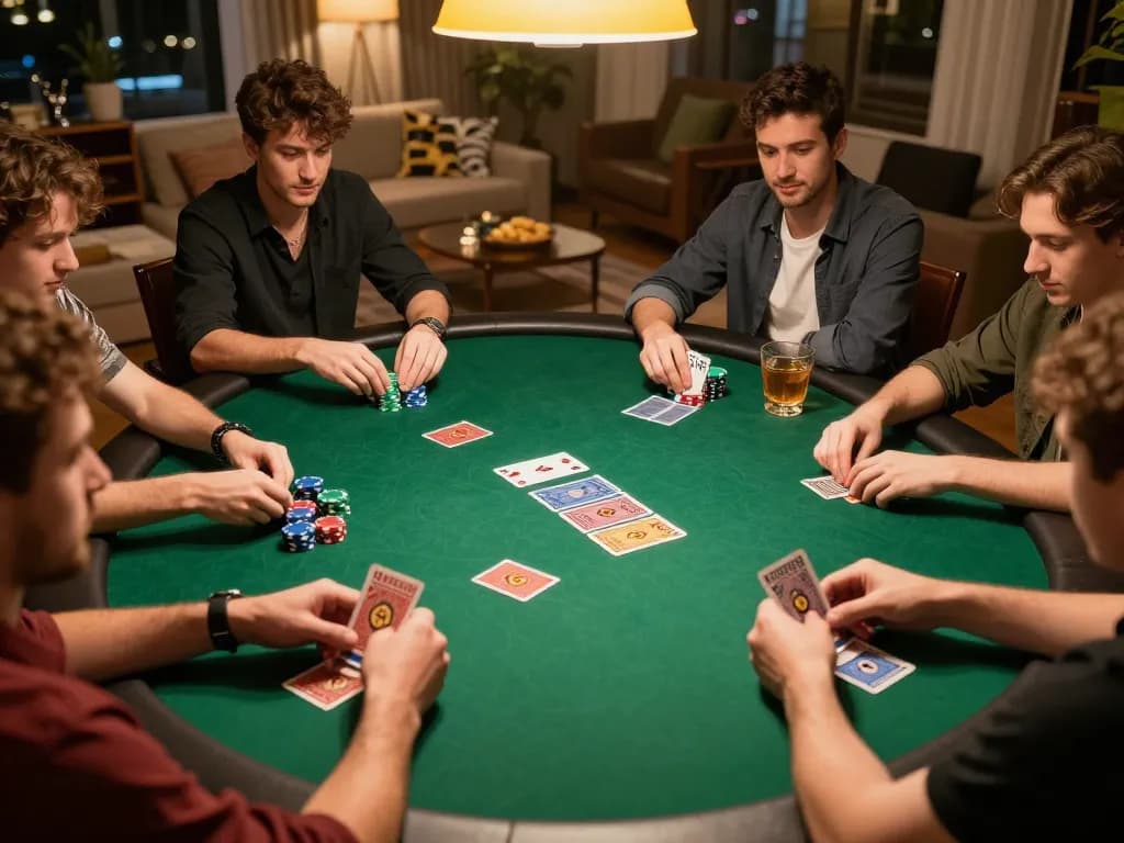 Players engage in strategic hands during a high-stakes poker night at home, showcasing sc88bn excitement