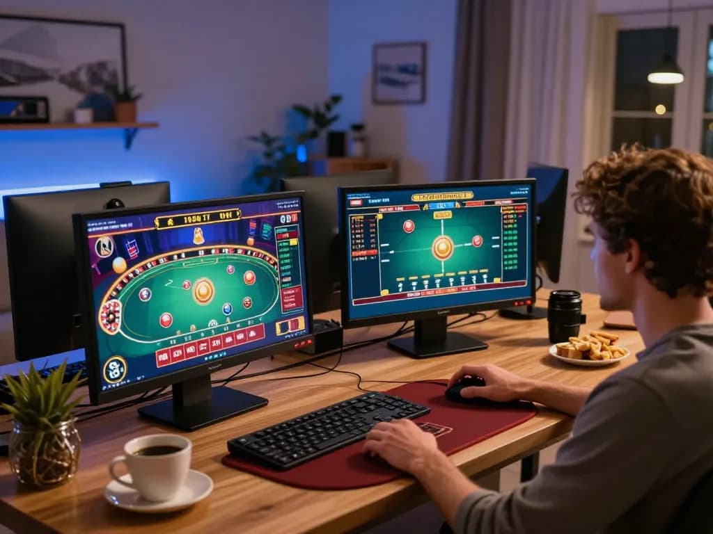 Engage in strategic gameplay with MM88 at this stylish online gambling setup featuring multiple games.