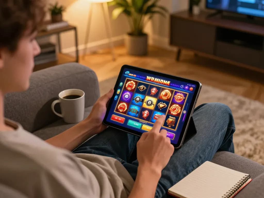 Pemain menggunakan tablet untuk permainan link slot dalam pengaturan rumah yang nyaman dengan suasana hangat