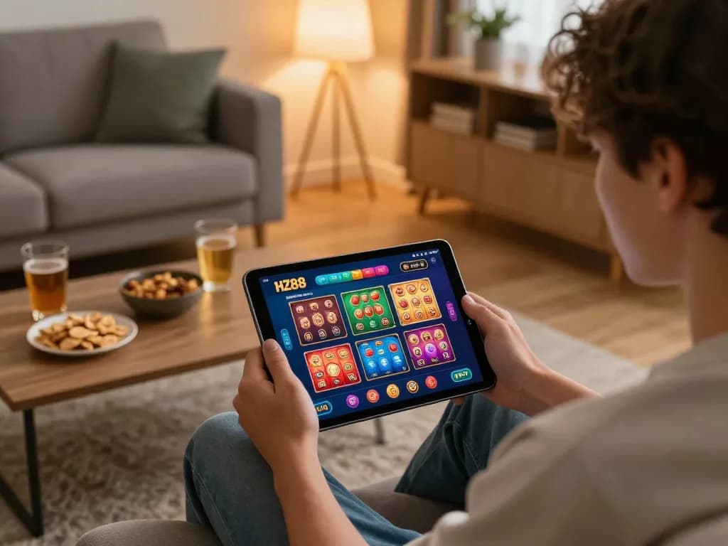 Players engaging with the HZ88 online casino app in a cozy home setup.