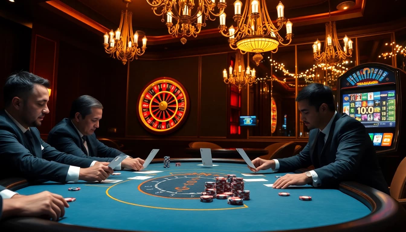 Players engaging at a high-stakes table with tr88-themed digital stats reflecting excitement in gambling.