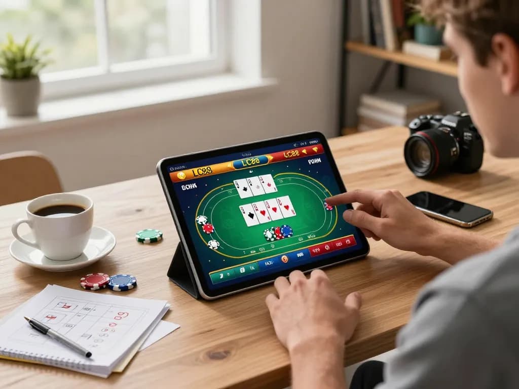 Player enjoying the LC88 app for online gambling, showcasing dynamic poker gameplay on a tablet.