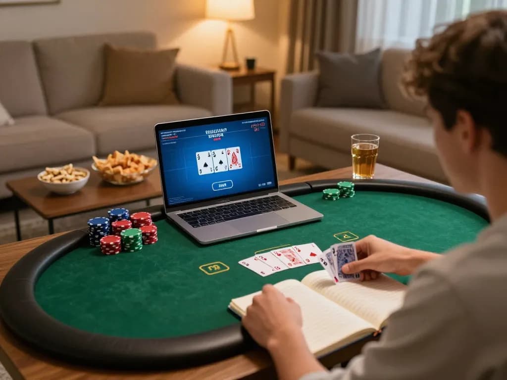 Engaged player strategically betting in a home poker game with new pk luck displayed on the laptop.