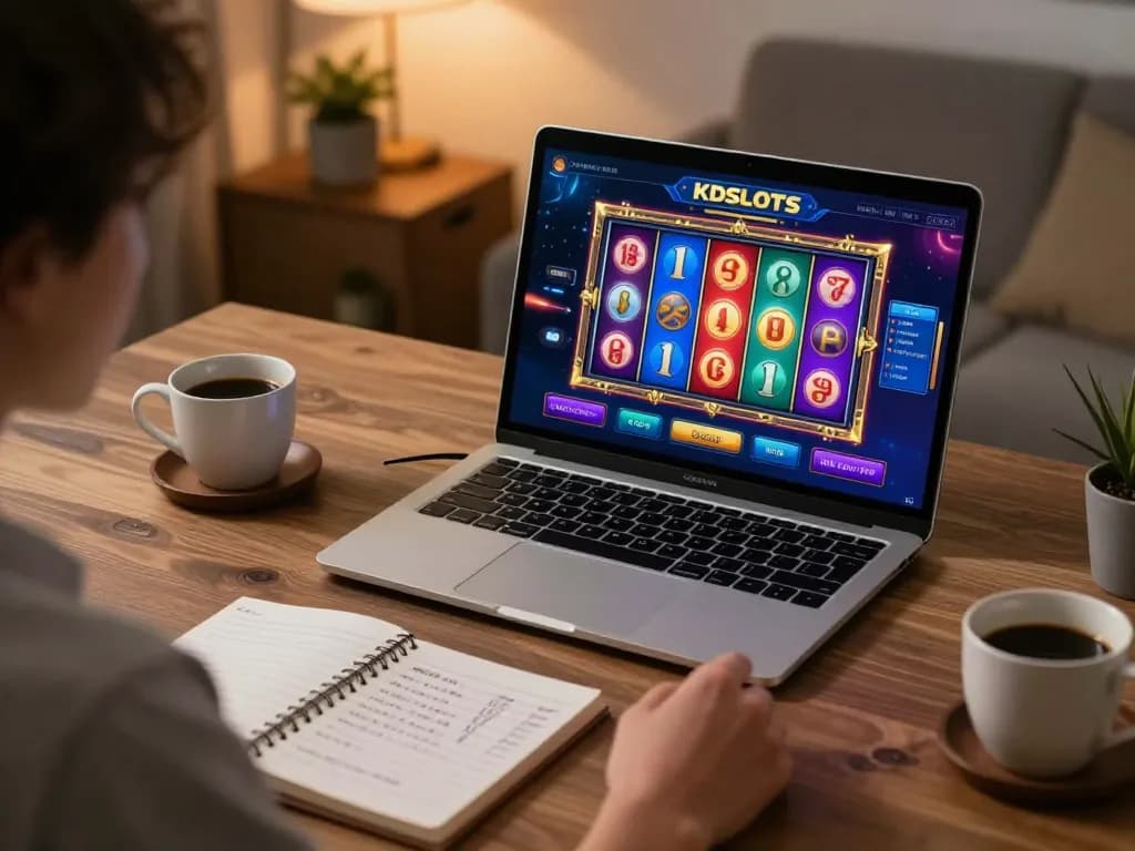Engaging moment with kdslots showing vibrant gameplay on a laptop in a cozy home office setting.