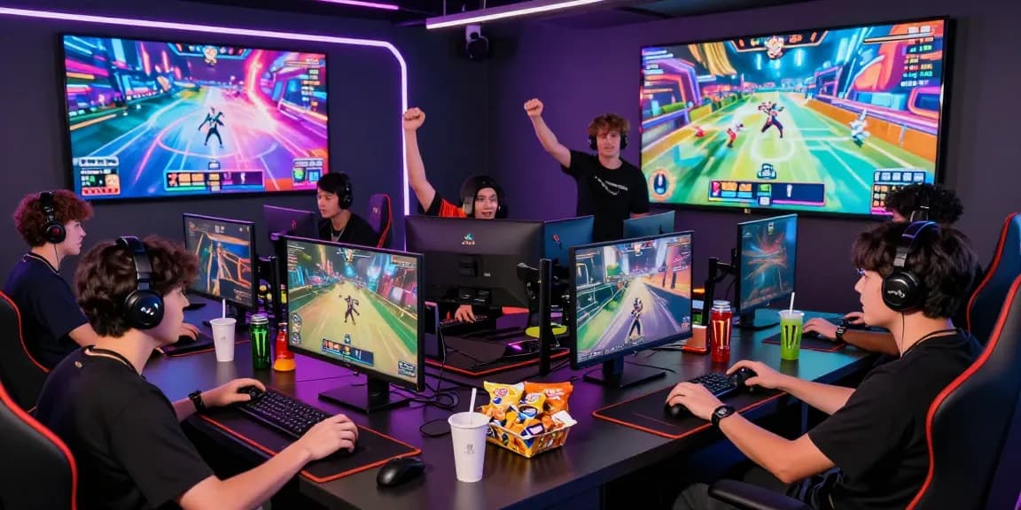 Dynamic gaming atmosphere at hello88ke.com with players engaged in esports competition surrounded by vibrant visuals.