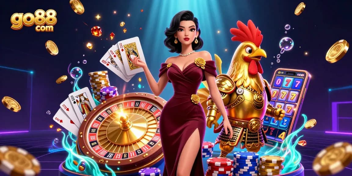 Experience the thrill of winning at go88 com with a dazzling 3D casino illustration featuring vibrant characters and rich game elements.