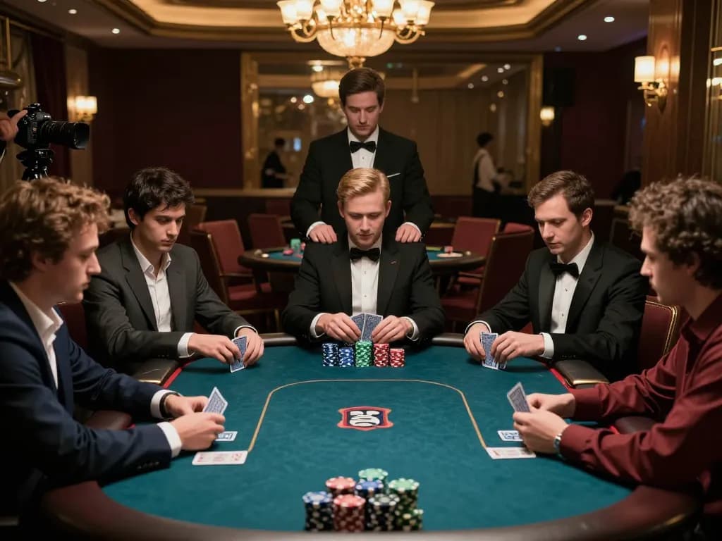 Players strategizing in an exclusive RED88 poker game with vibrant chip stacks and intense focus.
