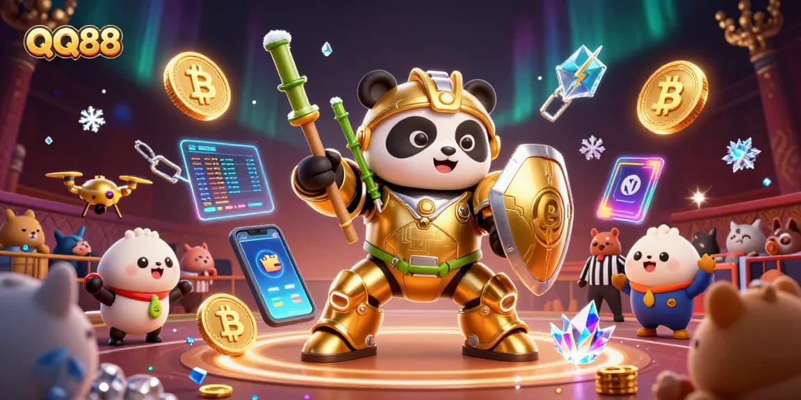 Engage in QQ88 gameplay with a dynamic scene of a mech-suit golden panda battling in an online casino arena.