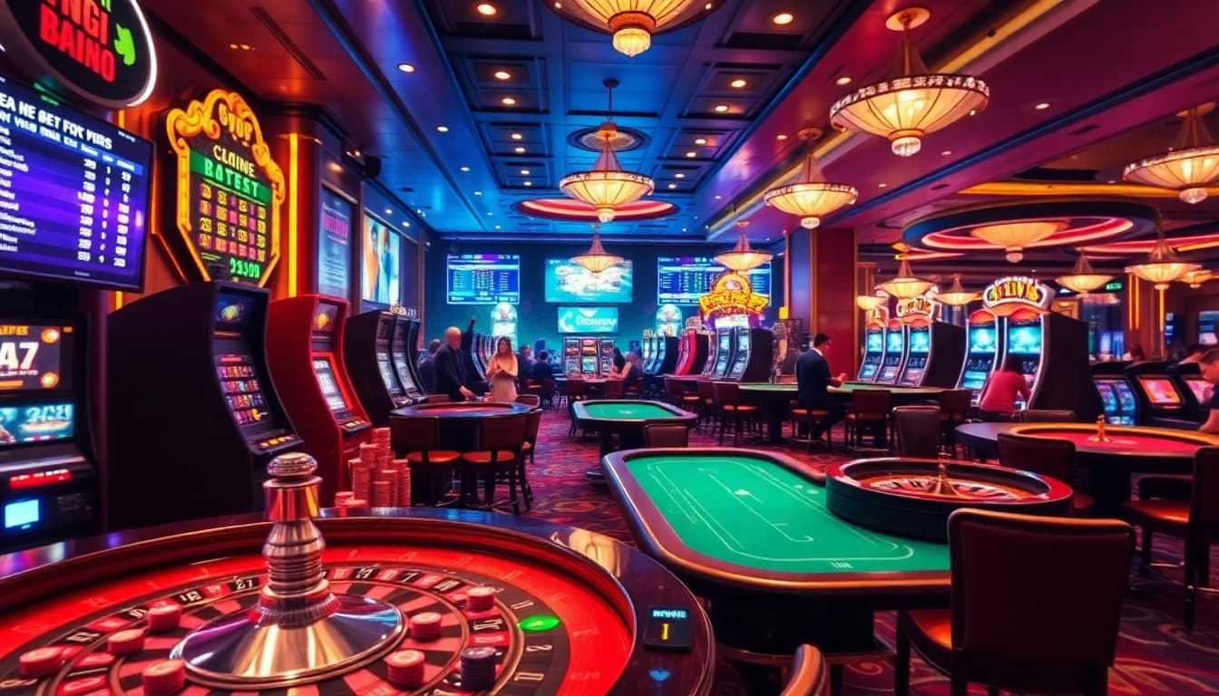Engaging atmosphere at 69vn.gb.net with players enjoying high-stakes poker and vibrant slot machines.