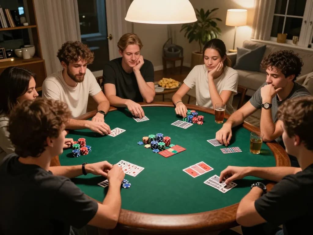 Friends playing an intense poker game at home with 98win01 branding visible on cards