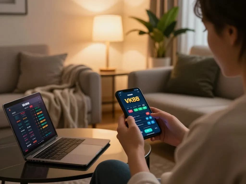 Engaging gameplay on VK88 chính thức app, showcasing strategic use of a smartphone in a cozy setting