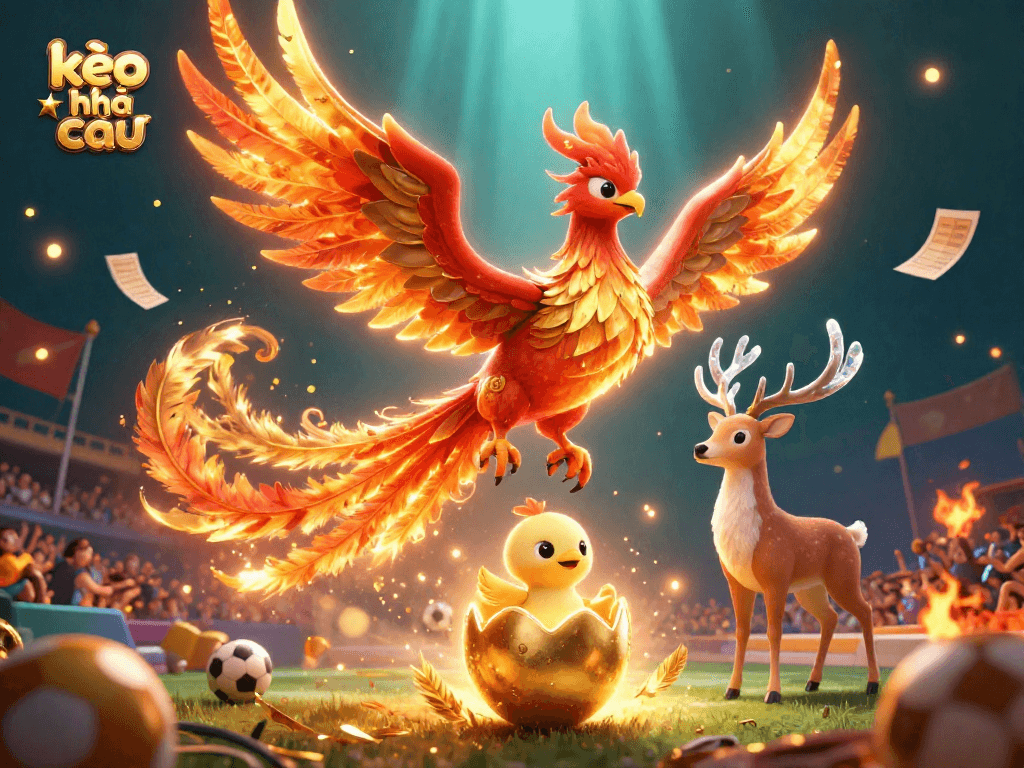 Engage in kèo nhà cái with dynamic sports elements featuring a phoenix and stag in an energetic betting scene.