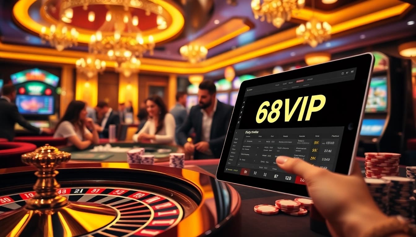 Experience the excitement of gambling at 68VIP with engaging players and luxury casino elements.