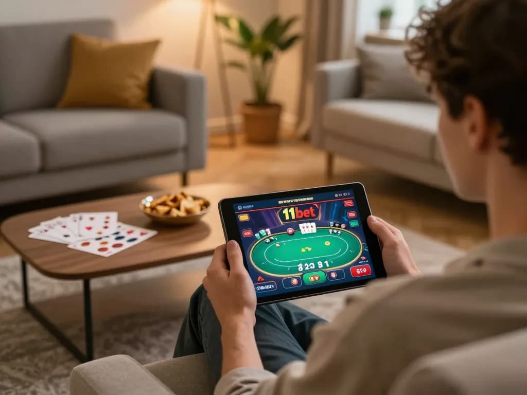 Engaging in a poker game on 11bet app, showcasing a user-friendly interface and cozy gaming atmosphere.