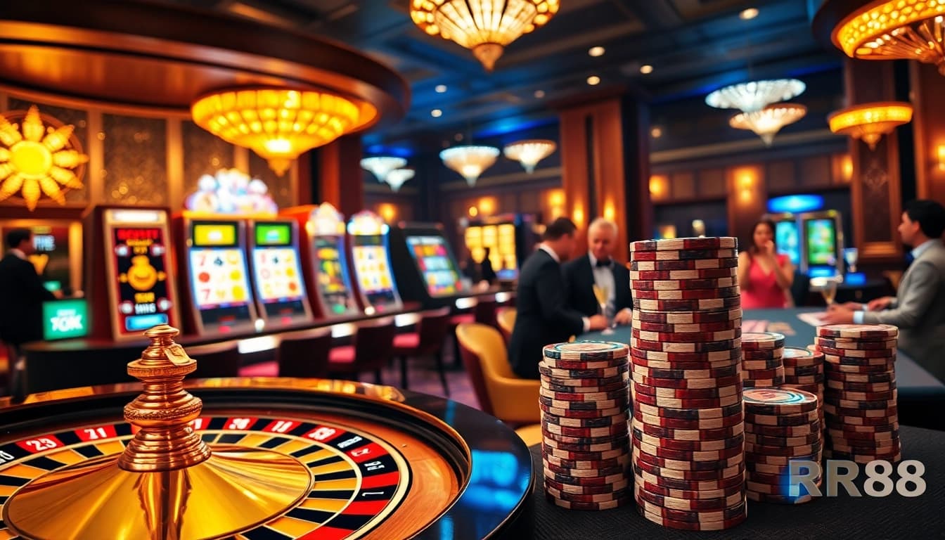 Experience the thrill of RR88 with vibrant slot machines and upscale casino ambiance.