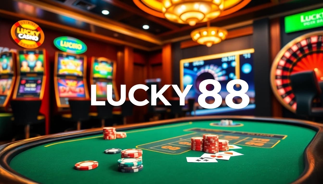 Engage in thrilling gameplay at LUCKY88's vibrant casino table with colorful chips and cards.