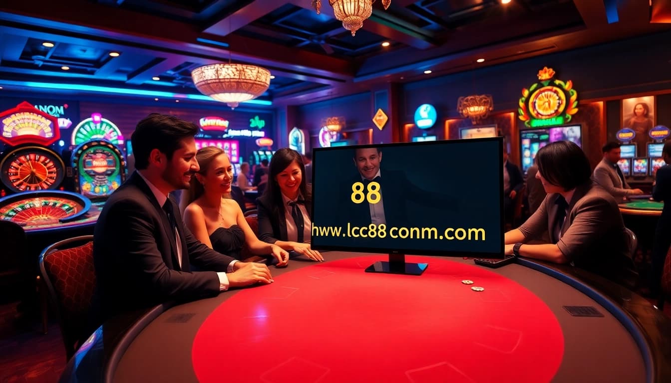 Players enjoying games at https://lc88comm.com/, showcasing excitement in a vibrant casino atmosphere.