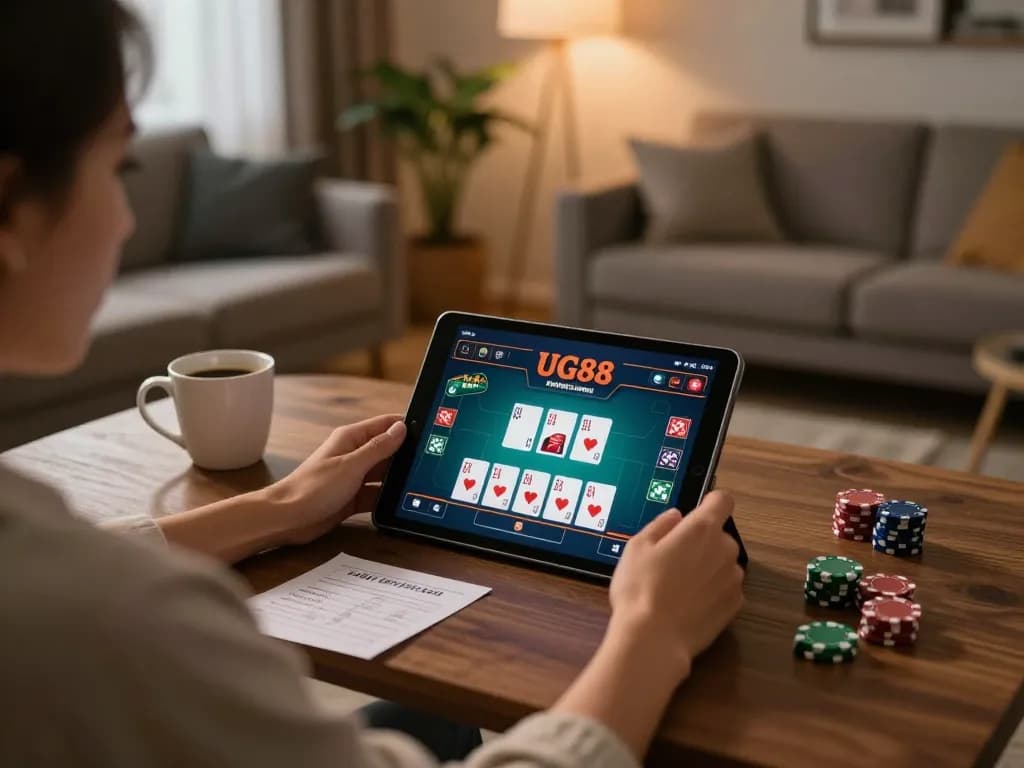 Player enjoying UG88 online casino on tablet with strategic notes in cozy living room.
