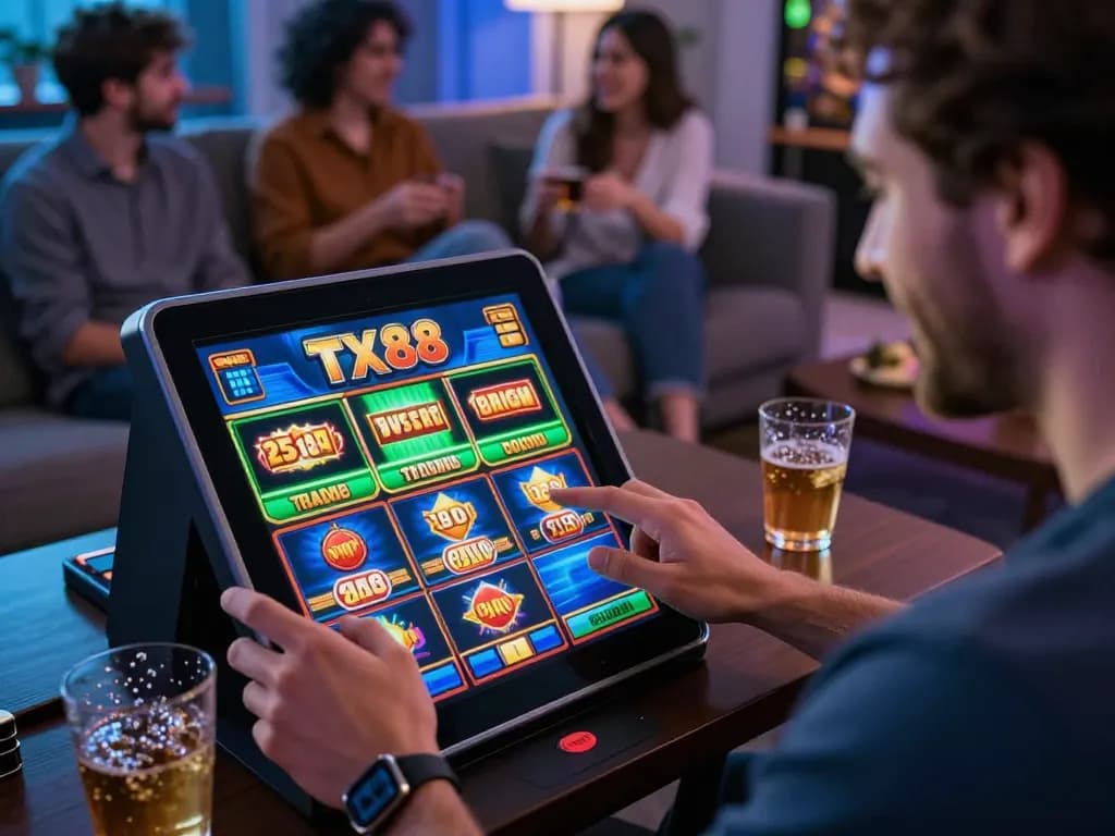 Engaging with TX88 slot machine on tablet during a lively home gaming night