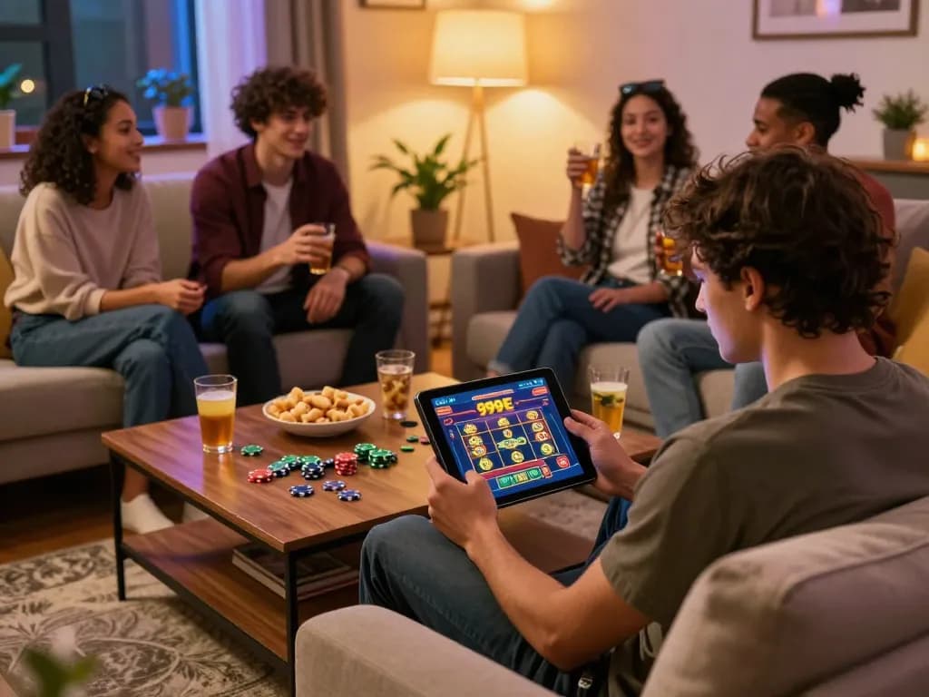 Players enjoying thrilling games on the 999E casino app in a cozy living room setup.