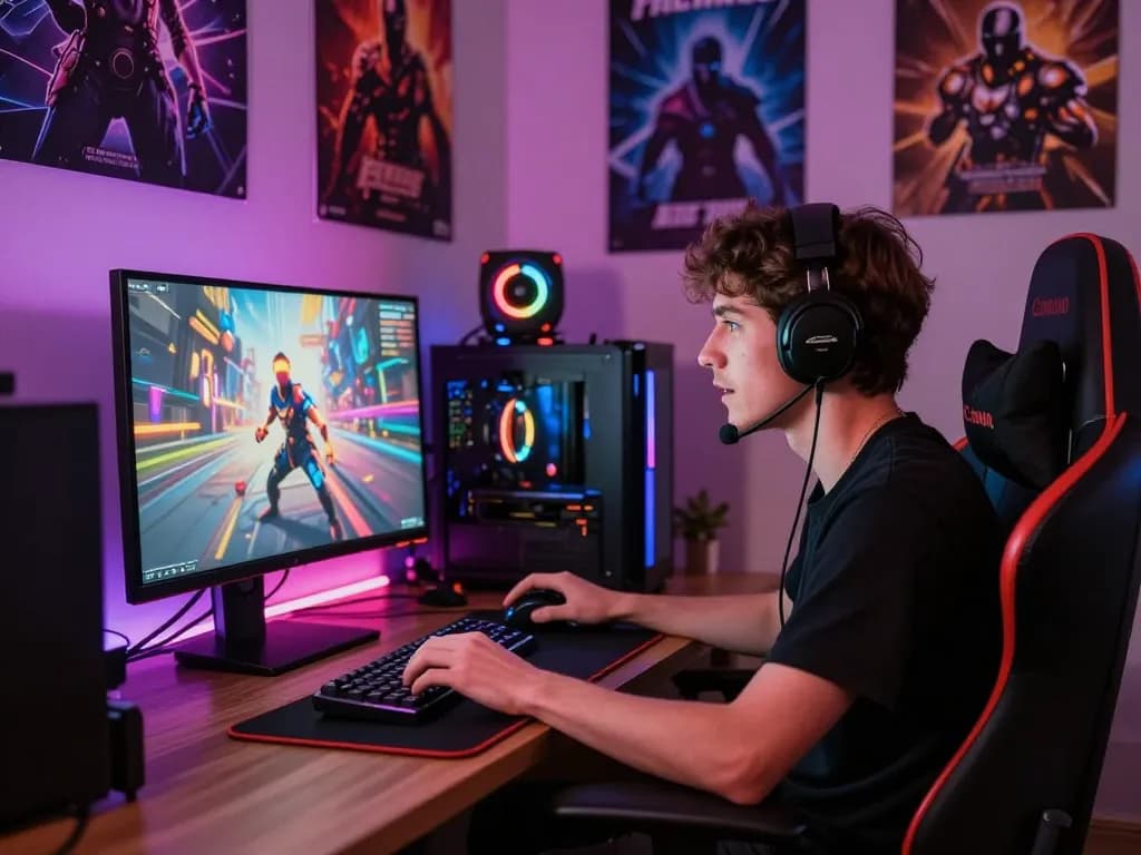 Player enjoying B52 online gaming experience in a vibrant setup with LED lights and gaming accessories.