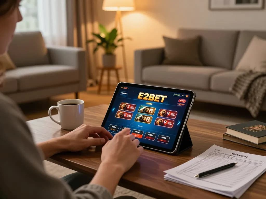 E2bet user enjoying an online casino game on a tablet in a cozy and stylish home