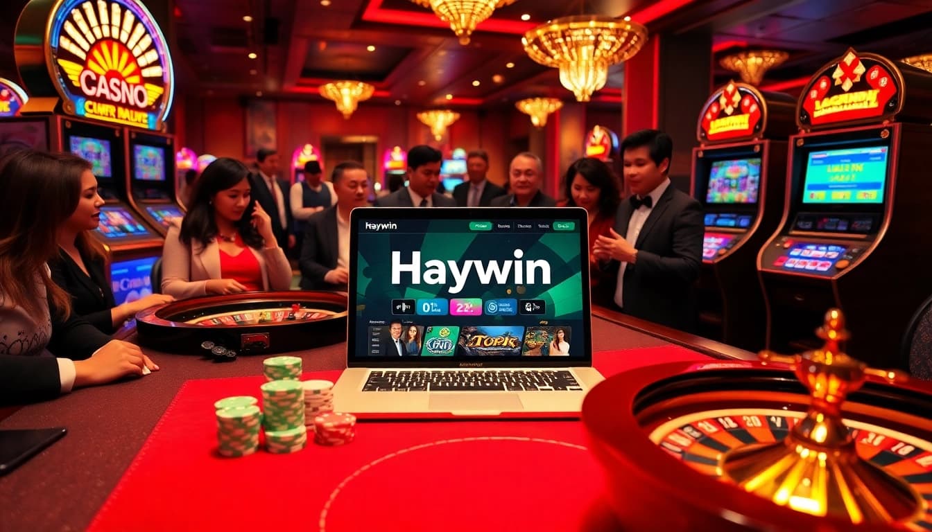 Experience the thrilling atmosphere of Haywin with vibrant casino games and elegant players engaged in action.