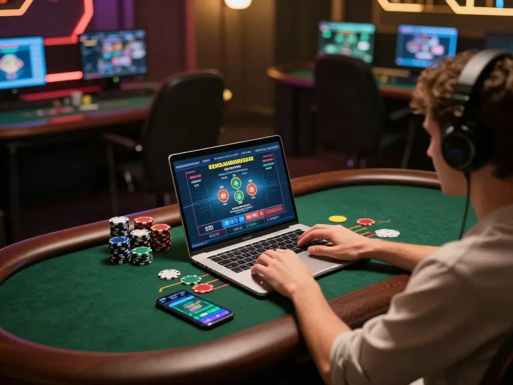 ee88 player engaging with live dealer game on laptop, vibrant gaming atmosphere