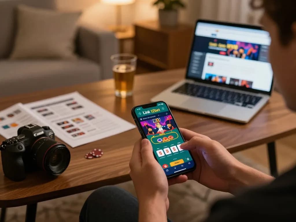 Người dùng di động tương tác với ứng dụng Link 12bet, trình bày các tùy chọn casino trực tuyến sống động và một không gian làm việc thoải mái tại nhà.