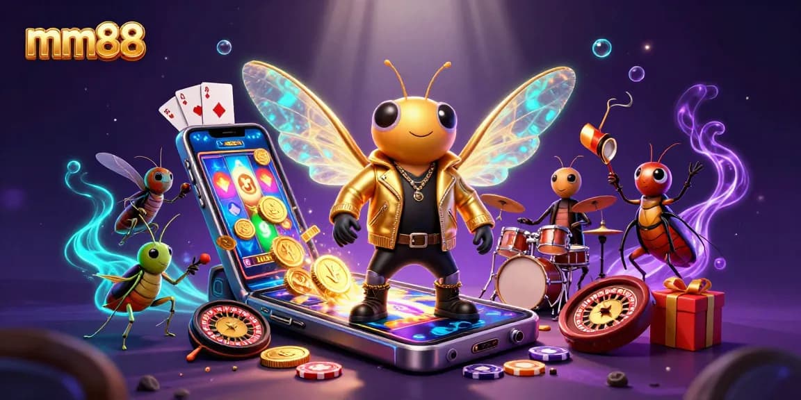 mm88 slot game action features a dynamic cicada rock star performing with vibrant gaming elements.