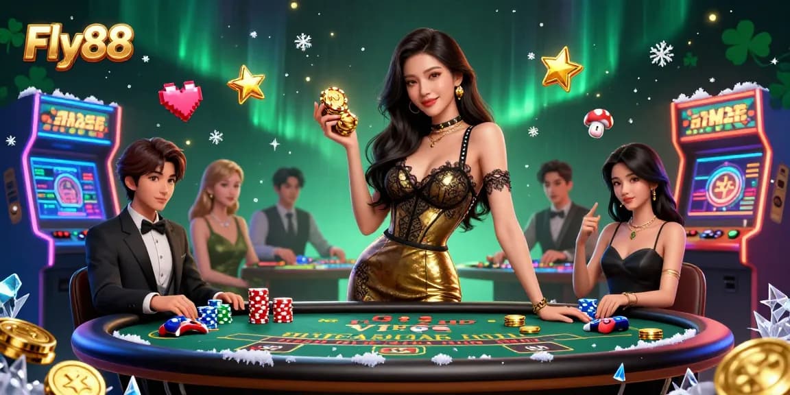 Experience high-stakes gaming at Fly88 with a glamorous baccarat scene and golden chips.