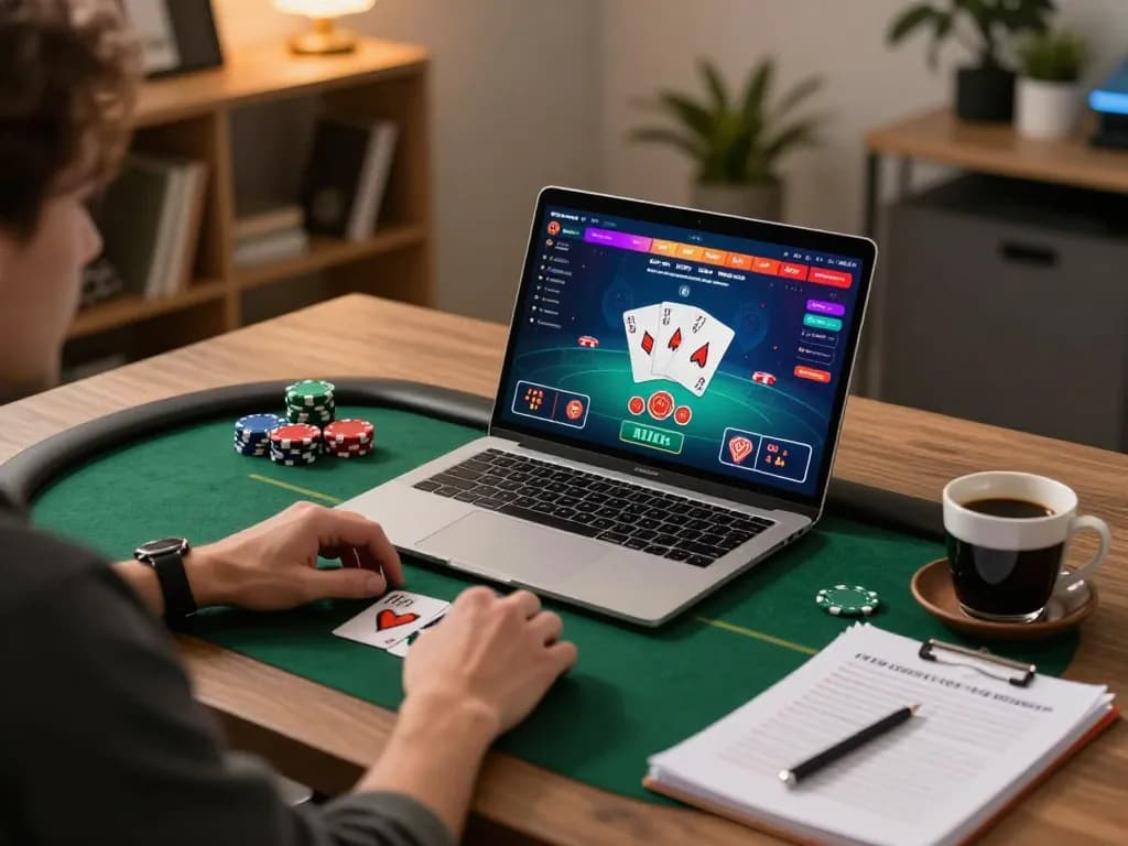 rikvip player engaged in online poker gameplay with chips and strategy notes
